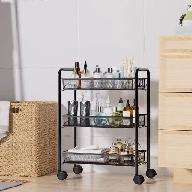 VOGREX 3-Tier Black Metal Kitchen Trolley Rolling Utility Storage Cart – 1
