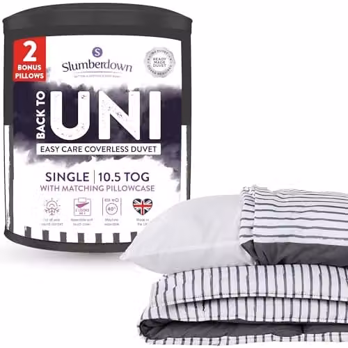 Slumberdown Back to Uni Single Bed Set, 10.5 Tog Grey Striped Coverless Duvet, 2 Pillows and Matching Pillowcase – 1