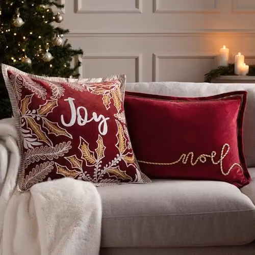 Paoletti Winter Joy Red Cotton Velvet Embroidered Square Cushion, W/D/H: 50 x 50 x 50 cm – 4