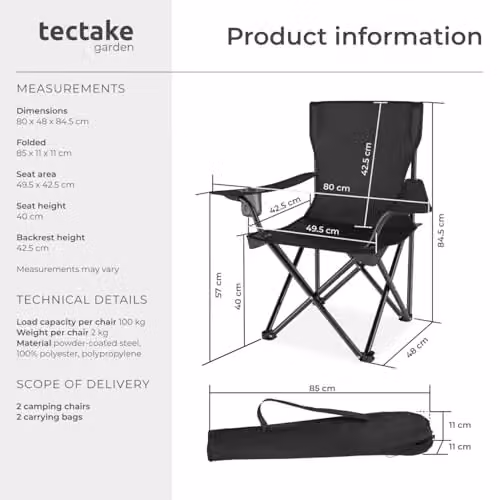 tectake Set of 2 Foldable Camping Chairs in Black with Cup Holders and Carry Bags – 2