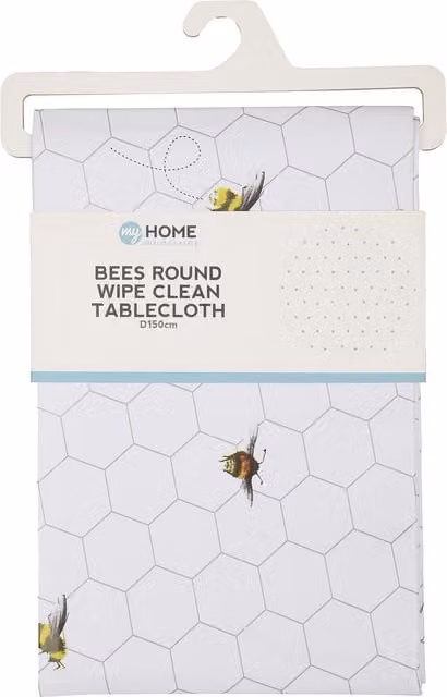 My Home Bees Round White PVC Tablecloth with Graphic Design