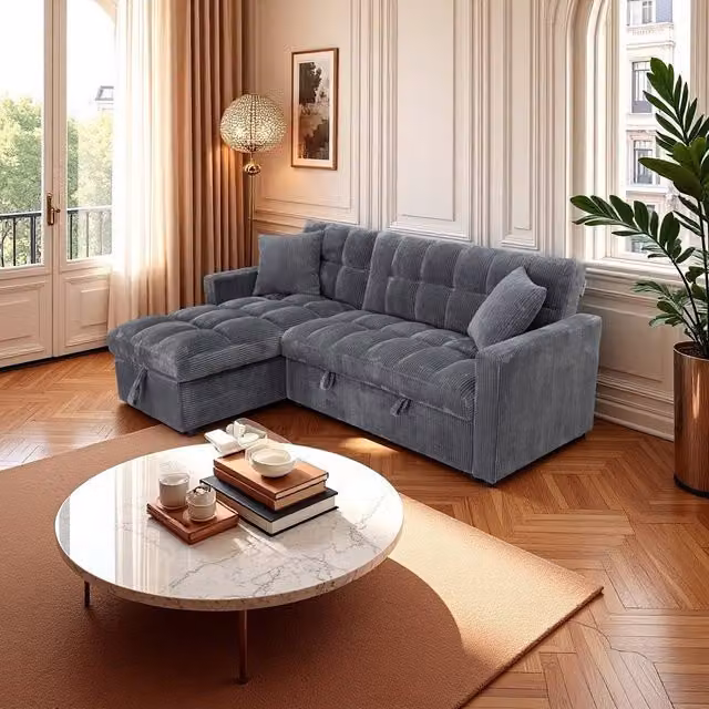 SquareBoxx Modena Jumbo Cord 3 Seater Sofa Bed with Reversible Storage Chaise in Grey