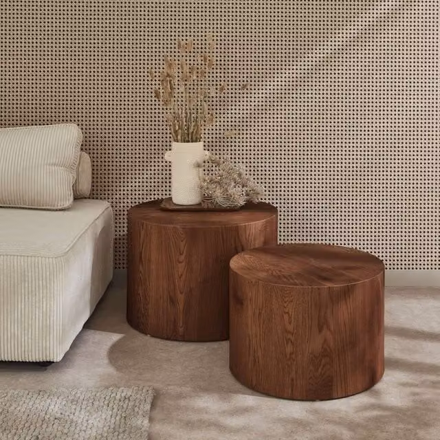sweeek Set of 2 Round Nesting Coffee Tables in Dark Brown Wood Effect