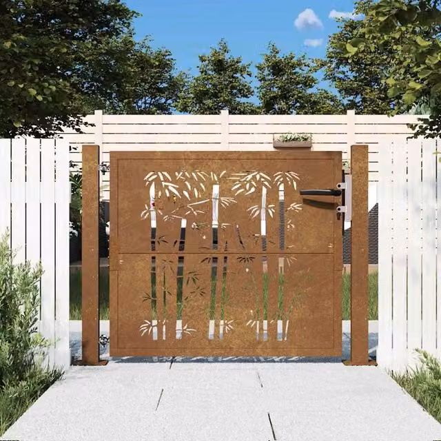 Berkfield Home Garden Gate in Brown Corten Steel with Bamboo Design, W/H: 105 x 80 cm – 1