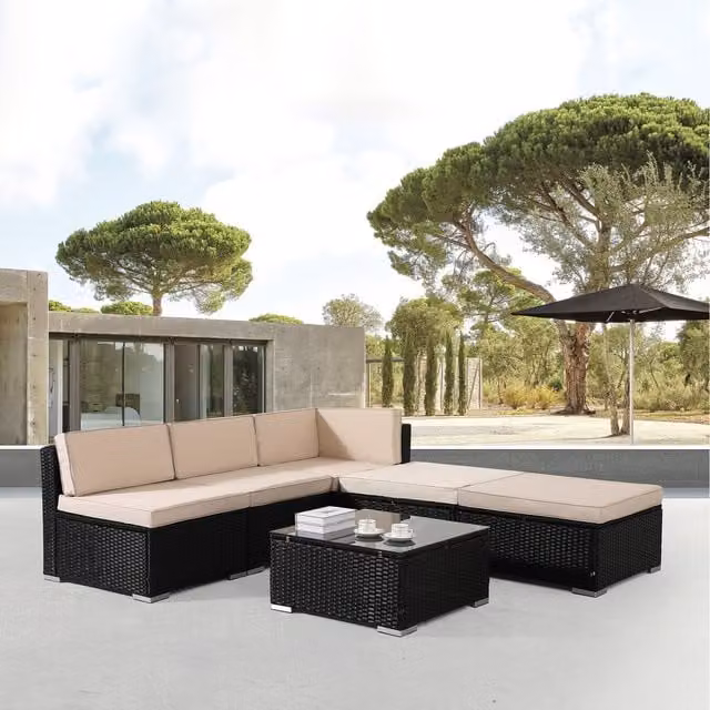 AREBOS Modern Black Polyrattan Garden Furniture Set with Metal and Glass Details