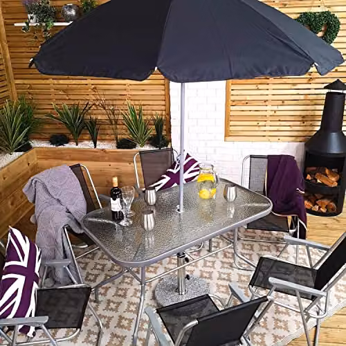 Samuel Alexander 8 Person Garden Furniture Set with Table, Chairs and Parasol in Black and Grey – 7