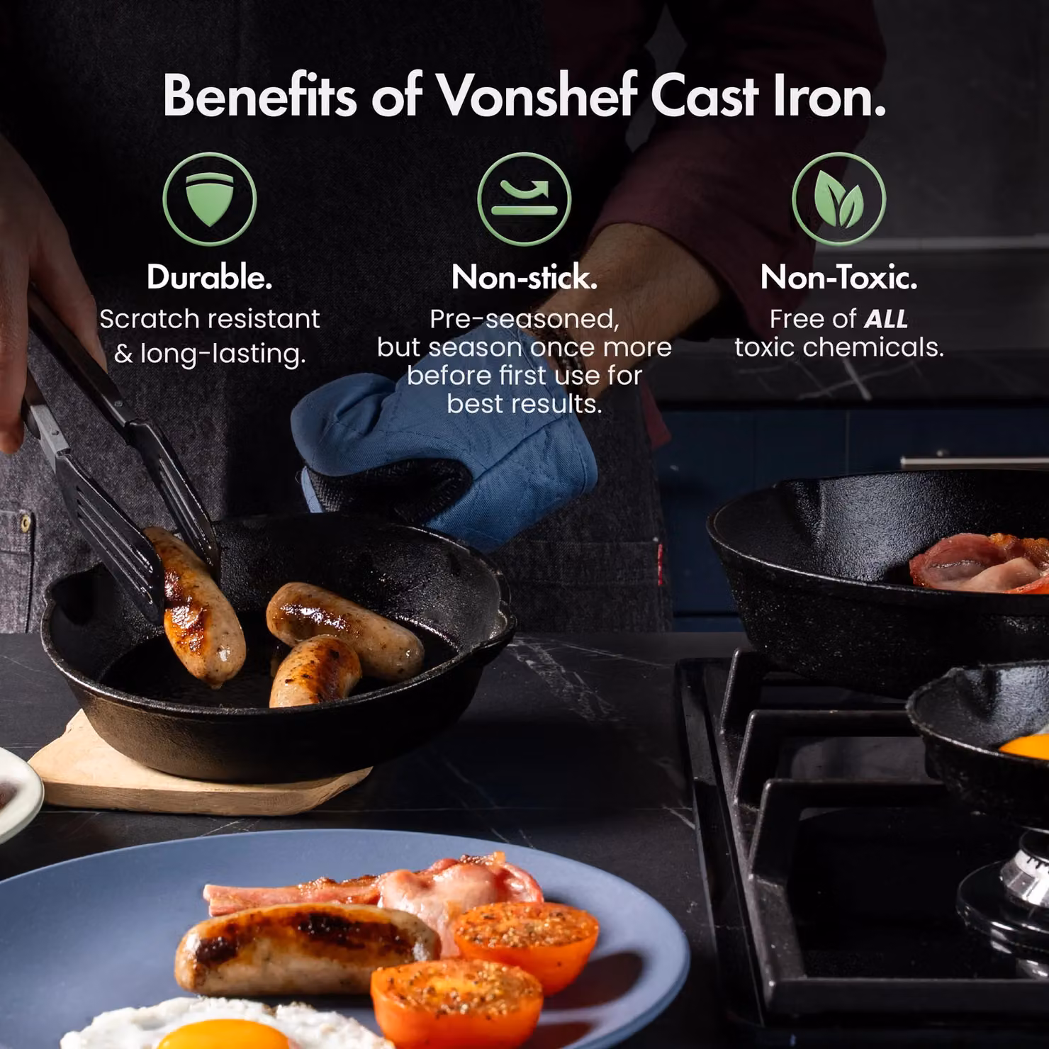 VonShef Cast Iron Skillet Frying Pan, Black, 25.4 cm, Oven Safe with Pouring Spout – 2