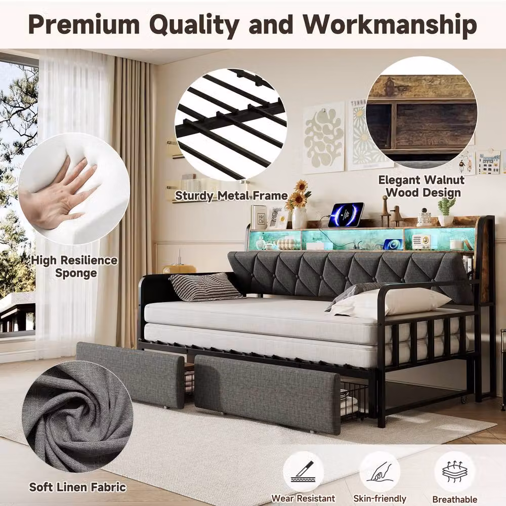 BTM Grey Upholstered Single Daybed Trundle Storage Bed Frame with LED Under-bed Lighting, USB Charging Port and Bedside Shelf, W/D/H: 190 x 90 x 110 cm – 7