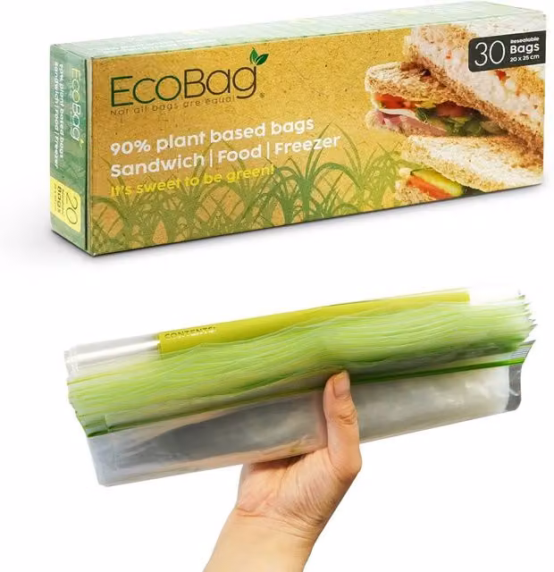 Ecobag 30 Pack Reusable Freezer and Sandwich Bags, 2.5 Litre, Transparent
