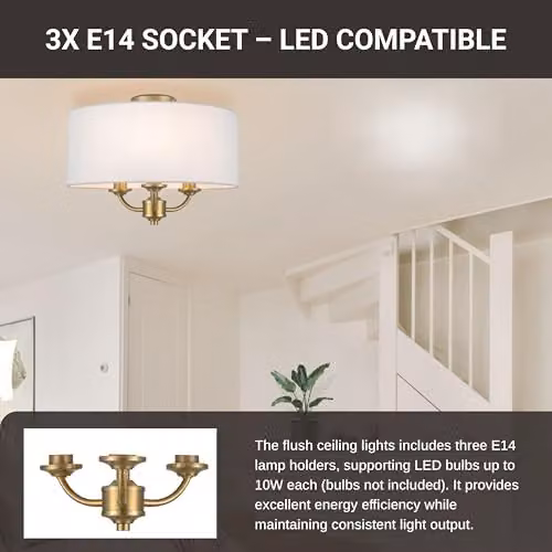 Cosylyte Winston 3-Light Semi Flush Ceiling Light with Bronze Base and Beige Fabric Drum Shade, E14 LED Compatible – 3