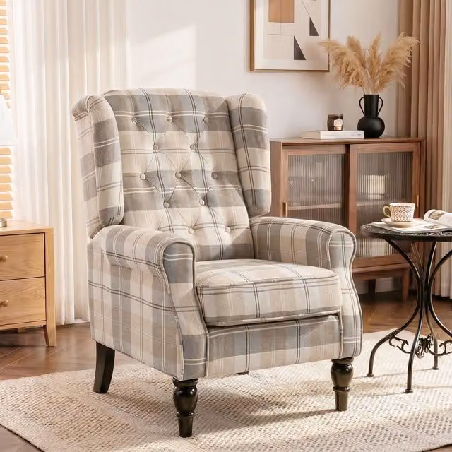 HOMCOM Classic Wingback Armchair in Beige and Brown Checked Fabric with Solid Wood Frame