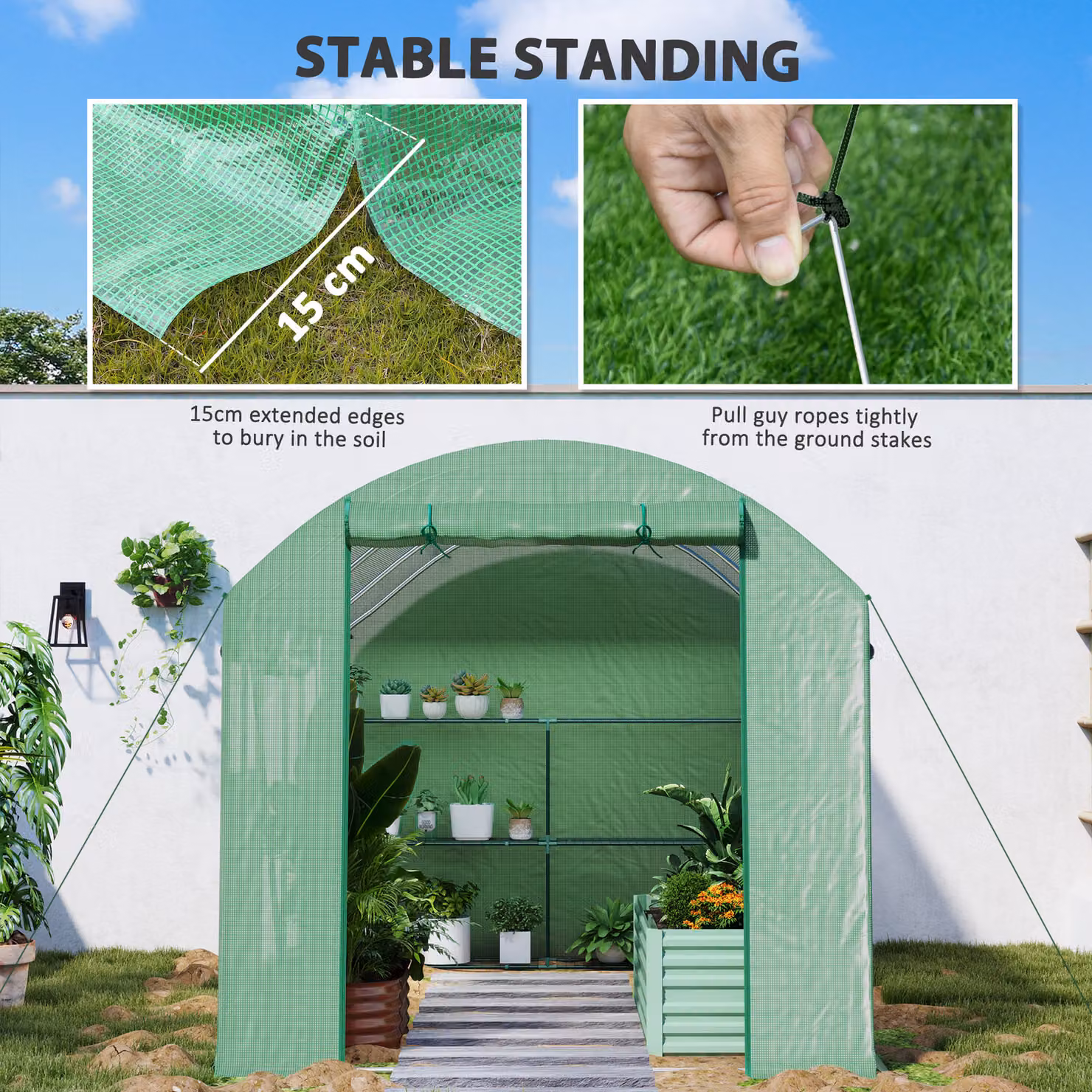 Outsunny Green Walk-In Polytunnel Greenhouse with Roller Window and Galvanised Steel Frame – 6