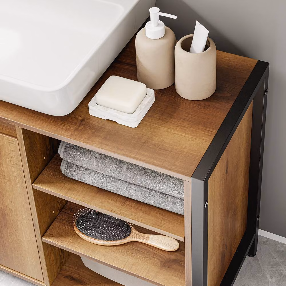 SoBuy Under Sink Bathroom Cabinet in Light Brown Wood Effect with Soft Close Hinged Doors and Internal Shelves – 4