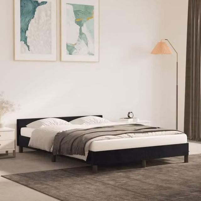 Berkfield Home Upholstered Velvet Bed Frame with Headboard in Black, W: 135 cm – 1