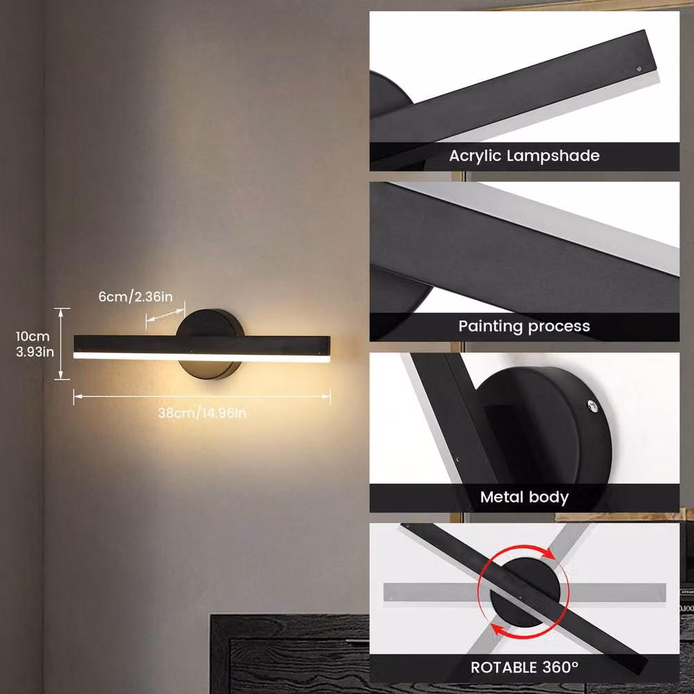 Pheashine Black Rotating Rectangular Metal Wall Lamp with 3000K Warm White Light, W/D/H: 38 x 10 x 7 cm – 3