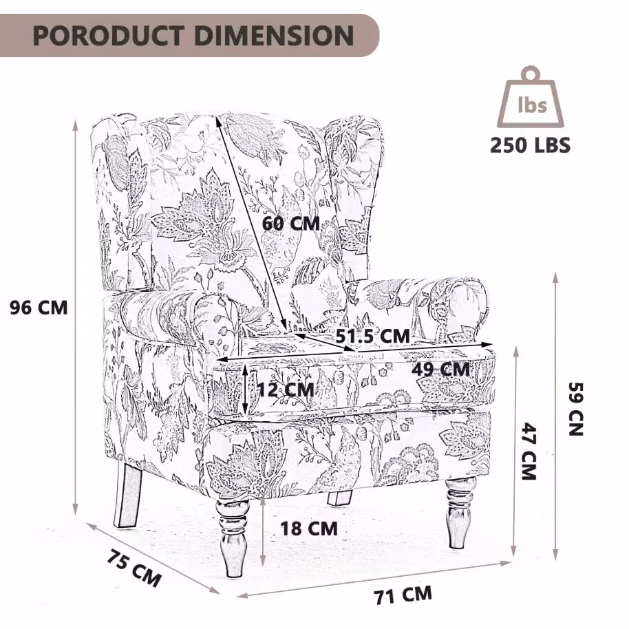FURNITURE ONE Retro Wingback Armchair in Red Fabric with Solid Wood Legs, W/D/H: 75 x 71 x 96 cm – 3