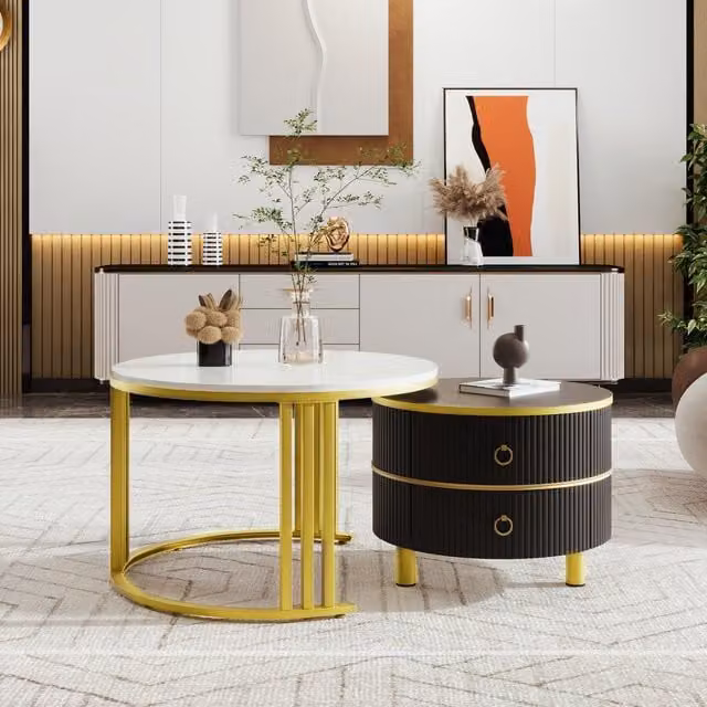 Aosom UK 2-in-1 Round Coffee Table Set with High-Gloss Tops and 2 Drawers, White and Black, W: 70 cm, D: 70 cm, H: 46 cm – 1