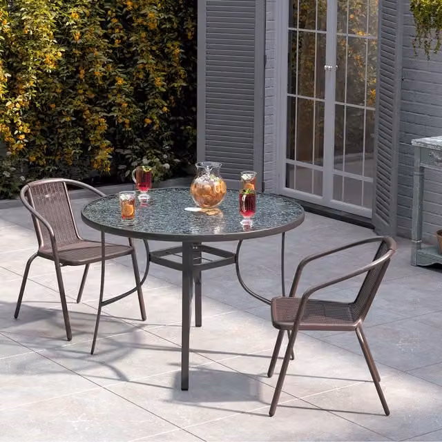 Livingandhome Modern Round Glass and Metal Bistro Set with 3 Chairs in Black and Transparent