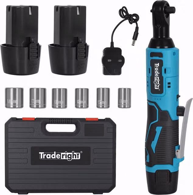 Traderight 12V Cordless Ratchet Wrench 3/8 Inch Drive with LED Charger Kit, Blue and Black