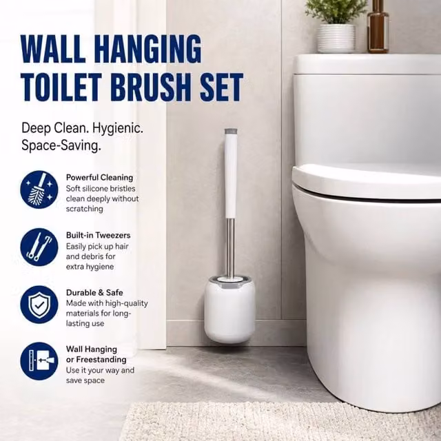 VOGREX White Silicone Bristle Toilet Brush Set with Freestanding Base
