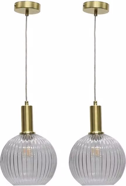 First Choice Lighting Betchley Set of 2 Deco Pendant Lights with Clear Ribbed Glass Globes and Satin Brass Finish