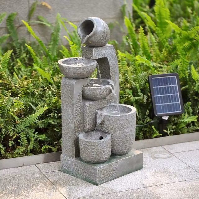 Livingandhome Rock Effect Jar and Bowl LED Solar Cascade Water Feature, Grey, Diameter: 28 cm