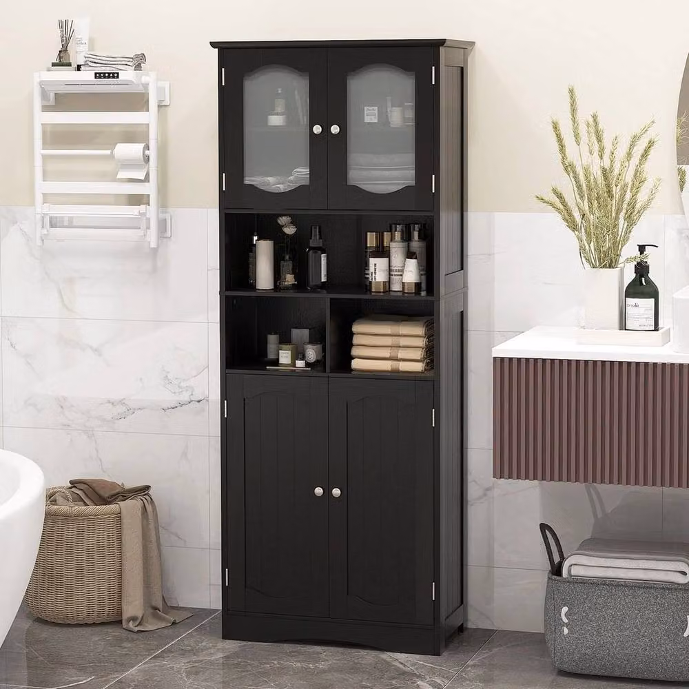 Kelvenix Freestanding Black Matt Bathroom Cabinet with Glass Doors, Height: 148 cm, Width: 30 cm – 3