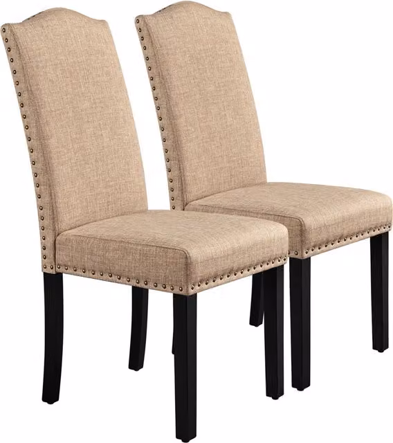 Yaheetech Set of 2 Classic Fabric Dining Chairs with Nailhead Trim in Beige and Brown