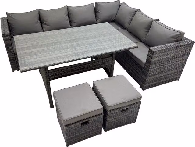 Fimous 8-Seater Rattan Garden Furniture Set with Dining Table and 2 Footstools in Dark Grey Mixed