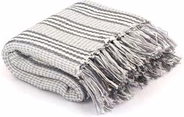 Berkfield Home Striped Cotton Throw with Fringes, Grey and White, W/D/H: 220 x 250 cm