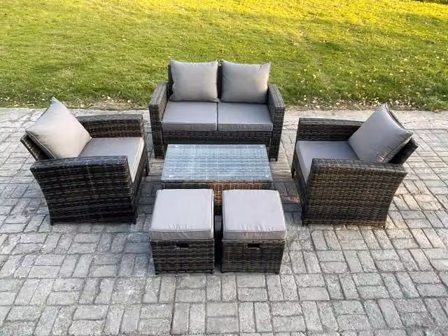 Fimous 6 Seater Outdoor Lounge Sofa Set in Dark Grey with PE Rattan and Rectangular Coffee Table
