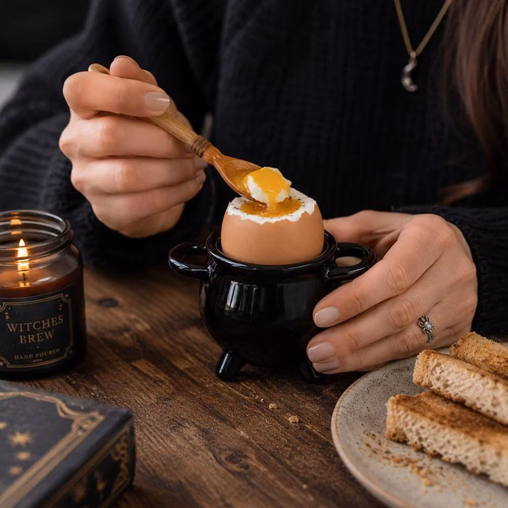 Marco Paul Black Cauldron Egg Cup with Broom Spoon in Bone China and Ceramic, 100g – 3
