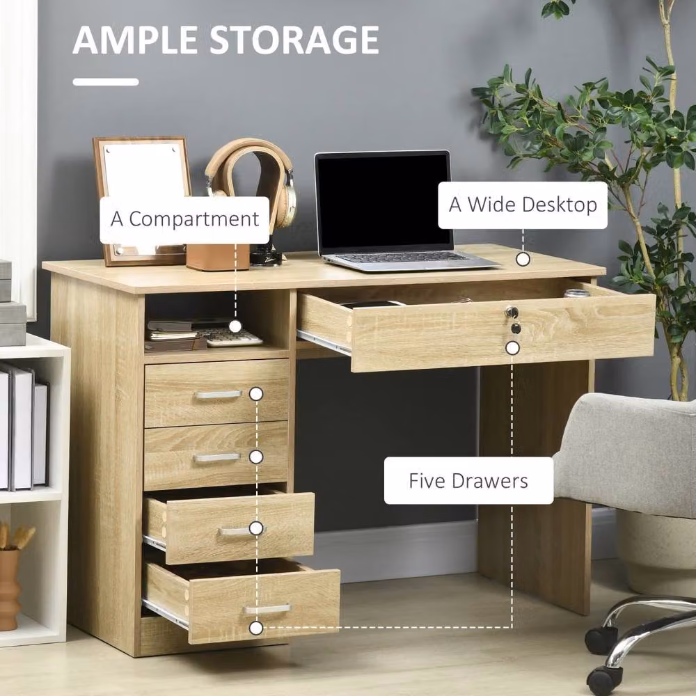 Wyld Haus Yodino Computer Desk in Brown Oak Finish with 5 Drawers and Side Shelving, W/D/H: 110 x 50 x 76 cm – 5