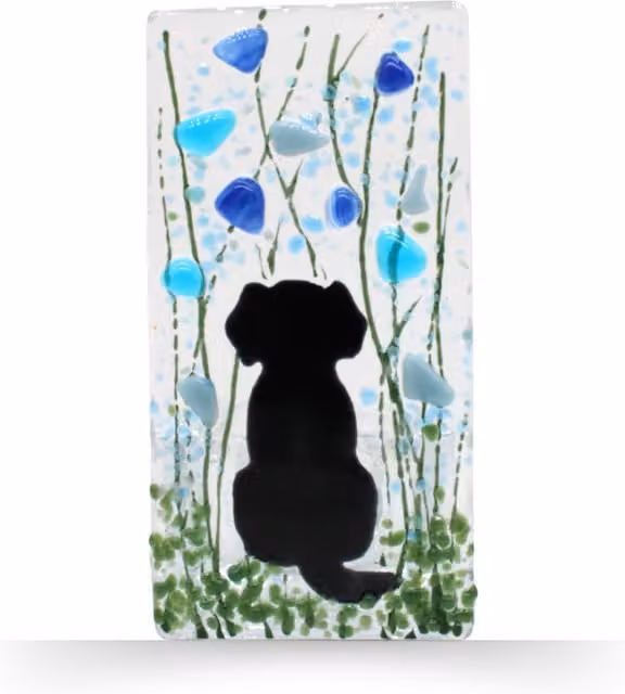 Sienna Glass Handmade Fused Glass Tea Light Holder with Dog and Forget Me Not Floral Design in Blue, Black and Multicolour