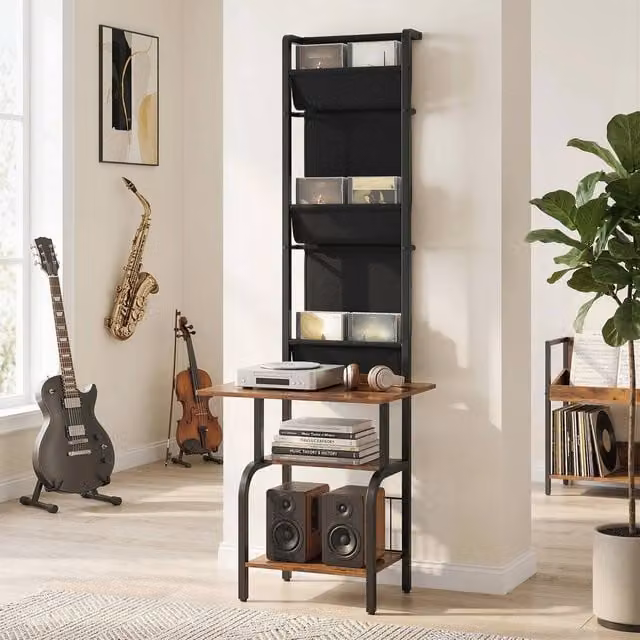 HOMCOM Vinyl Record Player Stand with Oxford Pockets in Rustic Brown and Black, H 144.0 cm x W 50.0 cm – 1