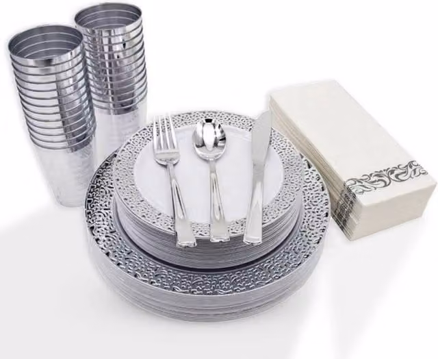 VOGREX 175-Piece Silver Disposable Plastic Dinnerware Set for 25 People – 1