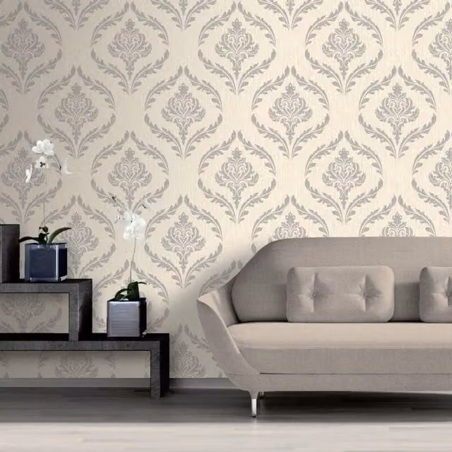 Debona Classic Floral Abstract Wallpaper in Beige and Silver