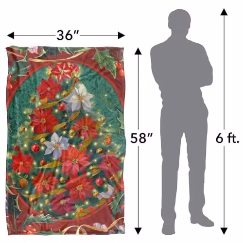JQ Licensing Spirit of Christmas Poinsettias Super Soft Floral Fleece Throw Blanket, Multicolour, W/D/H: 91 x 147 cm – 2