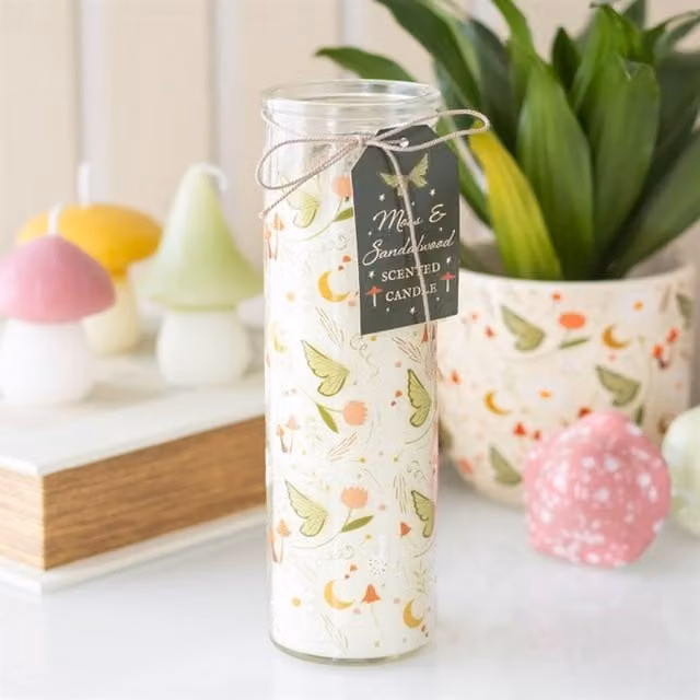 Fairy Folklore Moss Sandalwood Scented Candle in a White Glass Tube