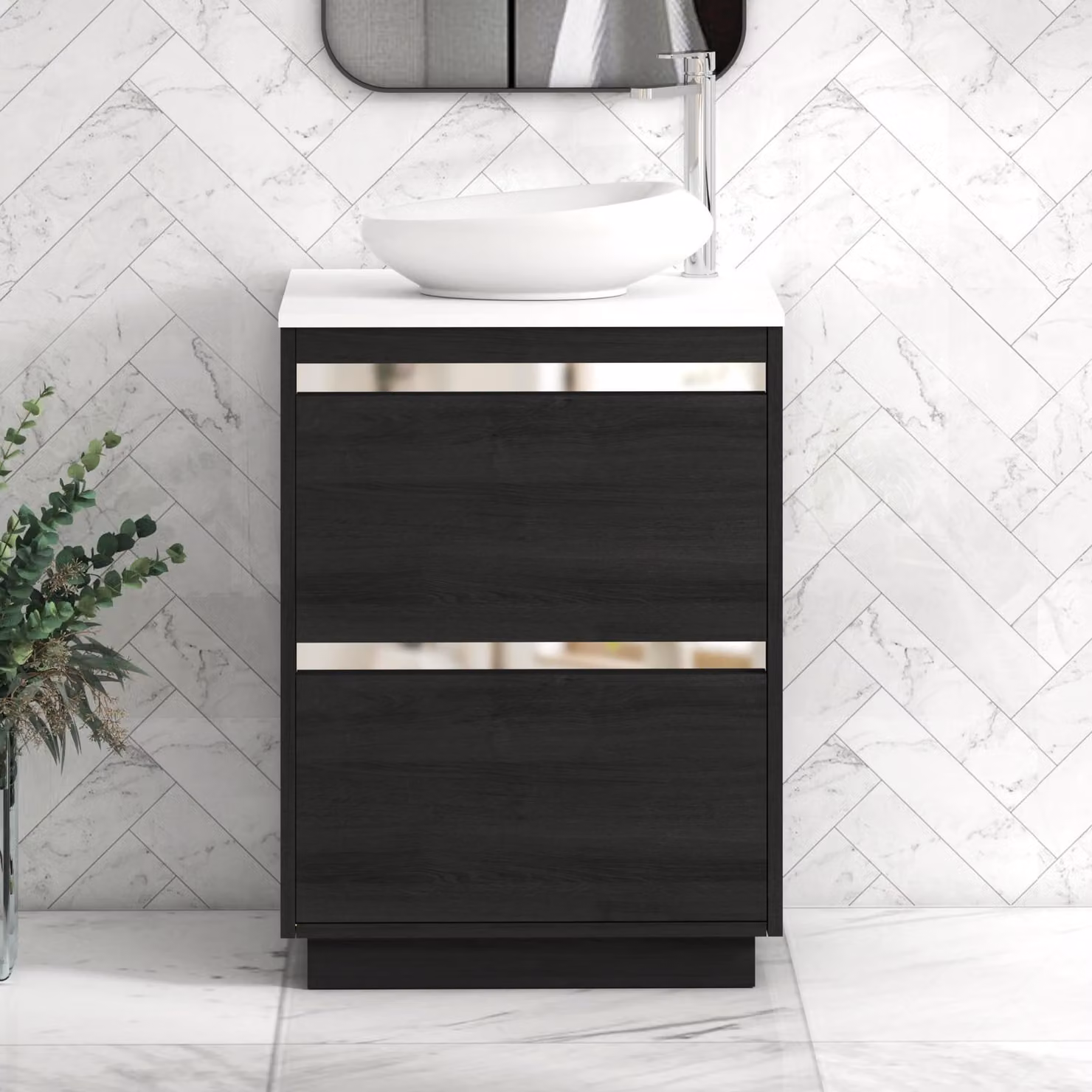 Royal Bathrooms Orion 600mm Hale Black Floor Standing 2 Drawer Vanity Unit with Nova Basin and Chrome Accent Trim in Plain White