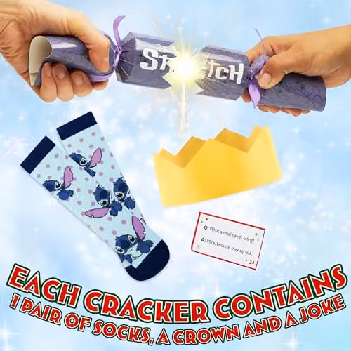 Disney Stitch Luxury Christmas Crackers, Pack of 6 Multicolour Party Crackers with Adult Socks for You – 2