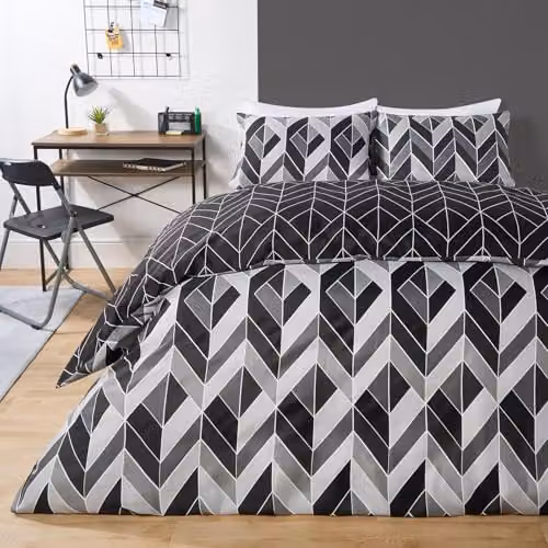 OHS Reversible Abstract Chevron Double Duvet Cover Set with 2 Pillowcases, Grey, W/D/H: 140 x 200 cm