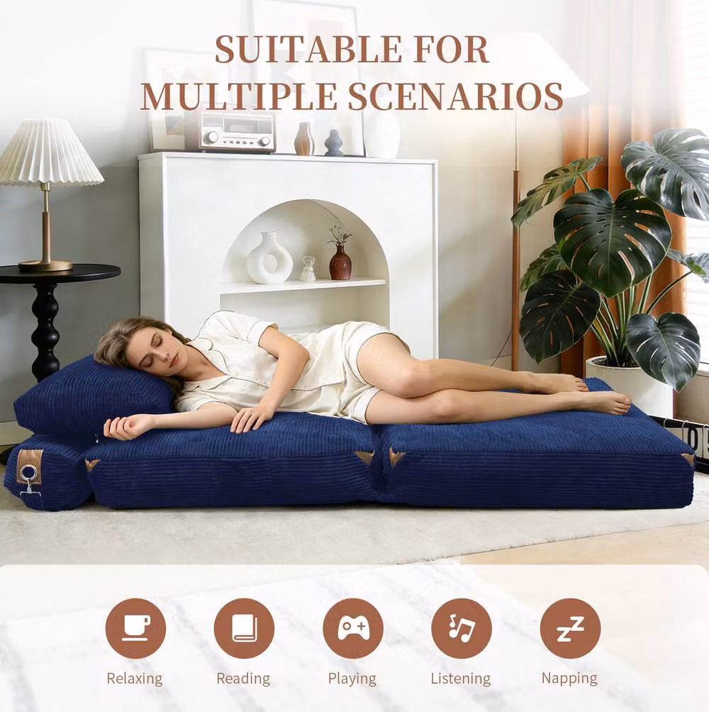 STILVORA 3 in 1 Blue Striped Floor Sofa Bed with Side Pockets and Non-Slip Base – 9