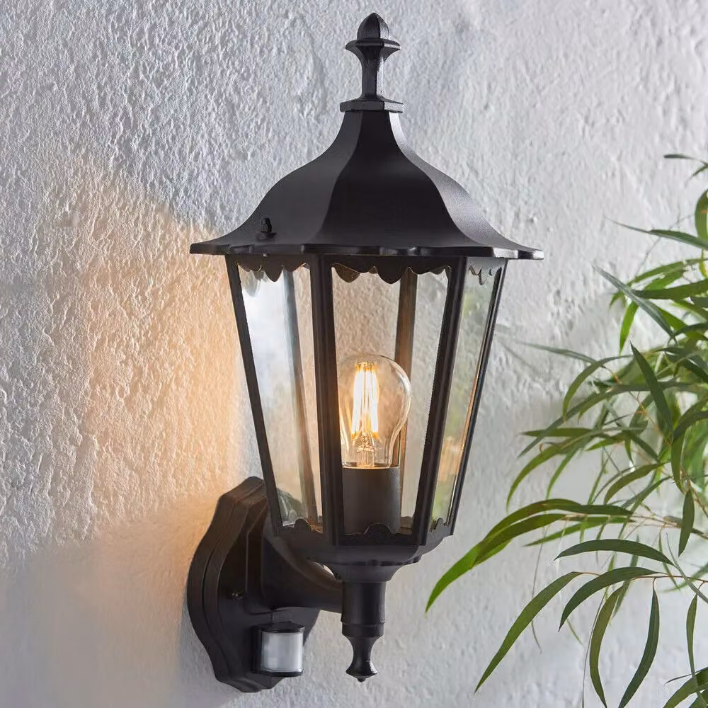 Loops Matt Black and Transparent Glass Traditional Outdoor PIR Wall Lantern with Motion, Dusk, and Timer Sensors, IP44, H 23.5 cm x W 16 cm x D 16 cm – 5