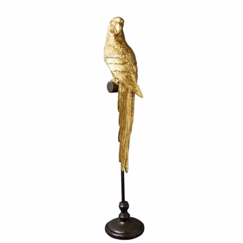 Madison & Mayfair Art Deco Gold Parrot Statue on a Black Metal Stand, H 32.7 cm x W 12.4 cm x D 12.7 cm – 1