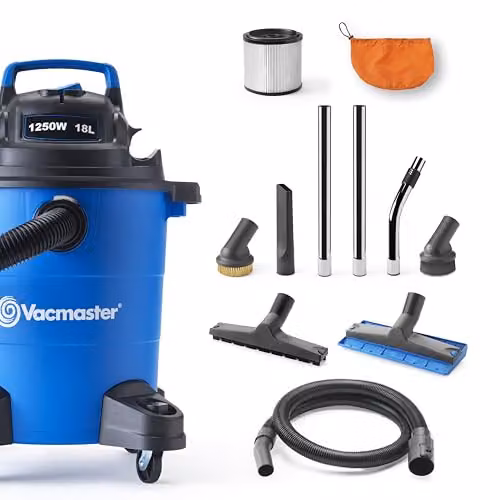 Vacmaster WD18 Wet & Dry Vacuum Cleaner in Blue with Garden Accessory Set and Artificial Grass Revitaliser Tool, 1250W, 18 Litre – 9