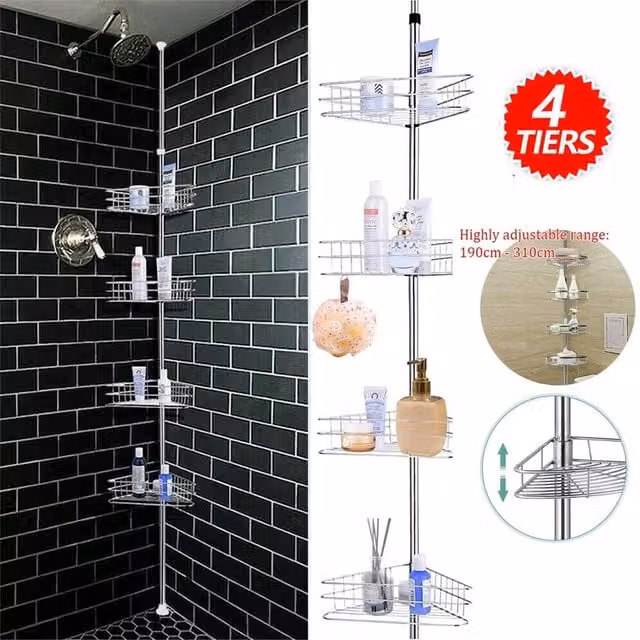 VOGREX 4 Tier Rustproof Telescopic Bathroom Corner Shower Caddy in Silver – 1