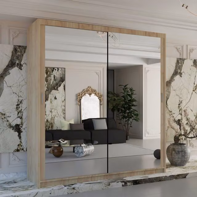 Sliding Wardrobes 4U Double Mirror Sliding Wardrobe with LED Light, Light Oak, W: 100 cm, H: 217 cm, D: 62 cm