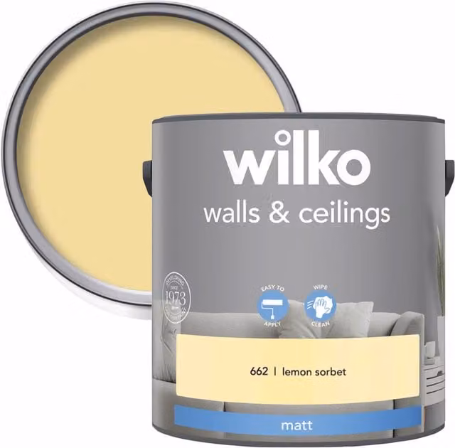 wilko Lemon Sorbet Matt Emulsion Paint for Walls and Ceilings, Yellow, 2.5 l