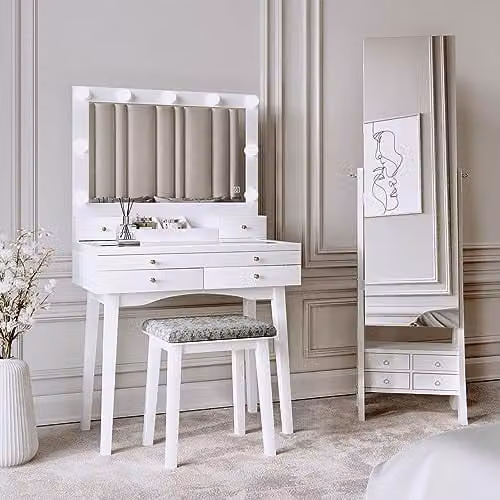 CARME Taylor x Nikita White 2 Piece Dressing Table and Full Length Mirror Jewellery Cabinet Set with Hollywood LED Lights and Storage Drawers, W/D/H: 139 x 40 x 80 cm and 158 x 40 x 80 cm